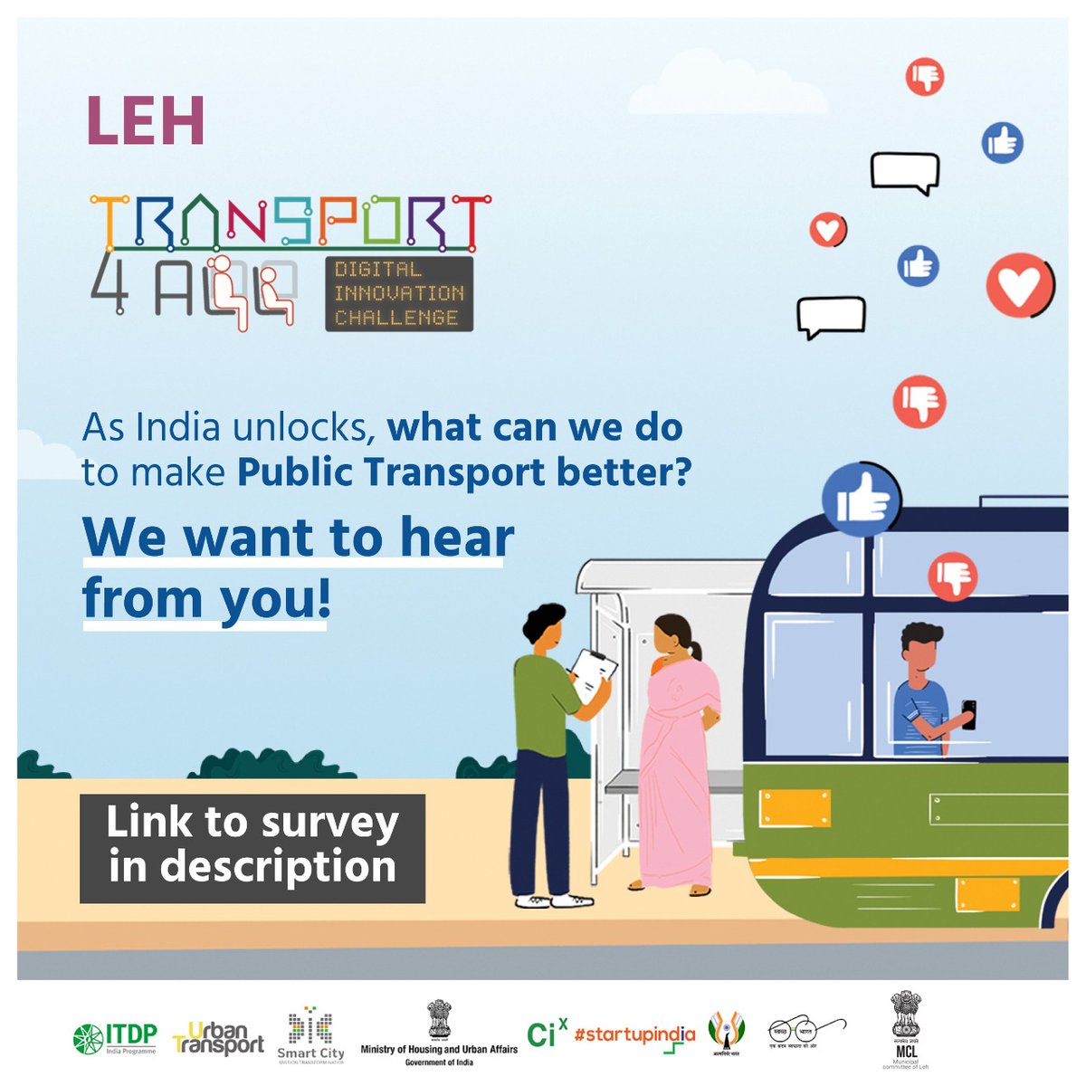 MCL_leh's tweet photo. No one knows our city’s public transport better than you! LEH CITY aims to make our buses COVID-safe through the #Transport4All Challenge.
Fill out a short survey to share
your inputs: https://t.co/skqcE8GfUs
#Transport4all #Leh #MCL #liveableleh #SmartCityLeh https://t.co/Wy6DGEpdhI