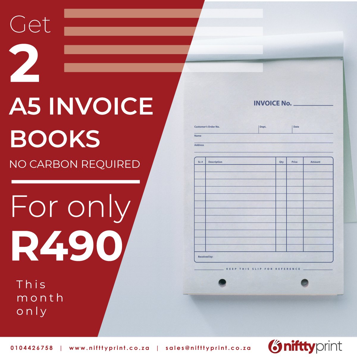 nifttyprint's tweet photo. Need professional solutions to help with your bookkeeping? Look no further! Get two invoice / receipt or logbooks for only R490,00! Call us on 010 442 6758 to place your order https://t.co/kgisytvdKC