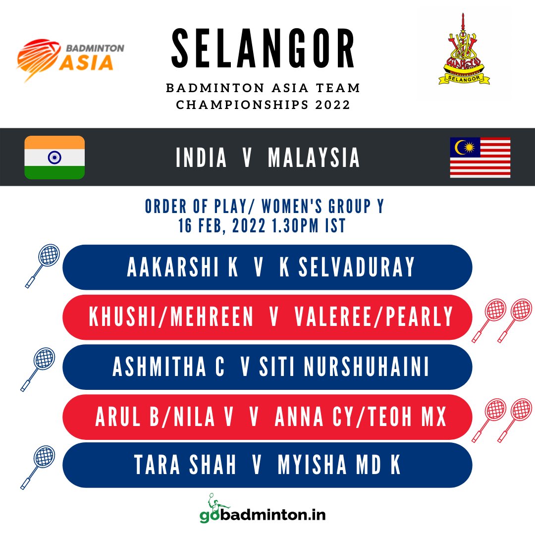 gobadminton's tweet photo. The order of play for the Women's Team today its 🇮🇳 v 🇲🇾at the #BATC2022 

#BadmintonAsiaTeamChampionships2022 #IndianBadminton #TeamIndia https://t.co/GGKsYiar48