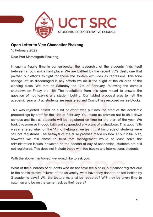 HerCampusUCT's tweet photo. Today was supposed to be the second day of the 1st semester at UCT, however, the SRC has closed all campus entrances because the university did not fulfil its promise of ensuring that all students are registered by the 14th of February https://t.co/3lpadf9QiN