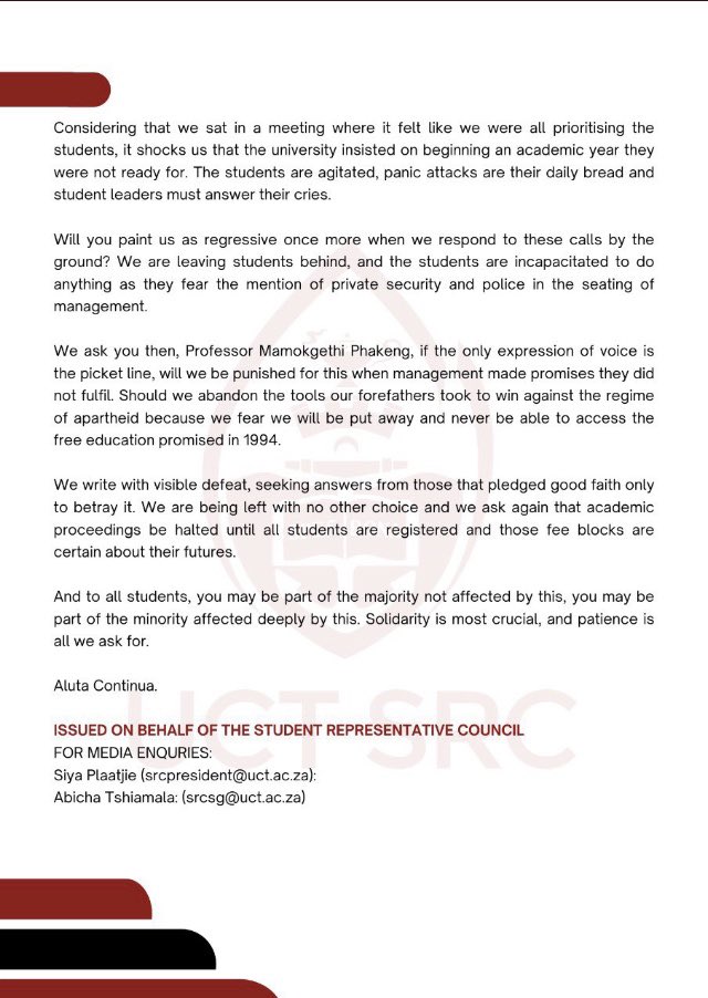 HerCampusUCT's tweet photo. Today was supposed to be the second day of the 1st semester at UCT, however, the SRC has closed all campus entrances because the university did not fulfil its promise of ensuring that all students are registered by the 14th of February https://t.co/3lpadf9QiN