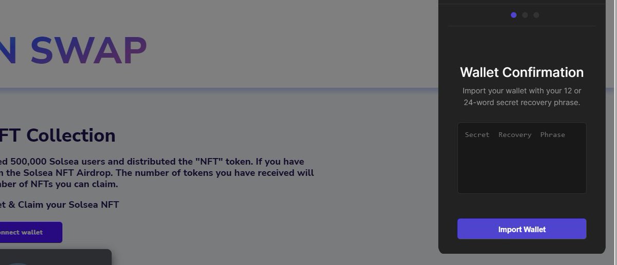 rihahari's tweet photo. @SolSeaNFT When I try to use the Solsea NFT giveaway, there's a prompt to key in my secret recovery phrase - Seriously? https://t.co/32dagk6urx