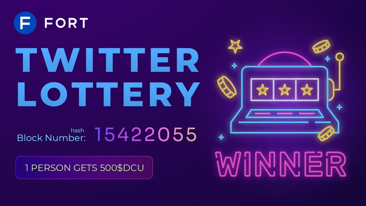 Fort Protocol Twitter Lottery:500 $DCU Prize 🤩

1) RT+follow,Fort Protocol.

2) Reply with 4 digits, @ 3 friends and leave your wallet address (BSC).

3) The winning number is the last 4 digits of the 15422055 block hash on the #BSC  chain. 

4) Participants can only reply once