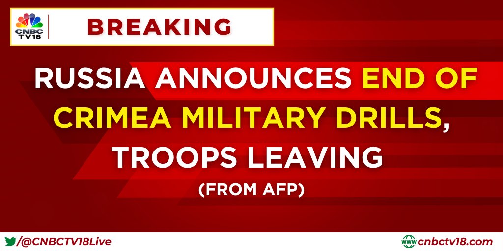 CNBCTV18Live's tweet image. #Breaking | #Russia announces end of #Crimea military drills, troops leaving, From @AFP 

#RussiaUkraineCrisis #RussiaUkraine