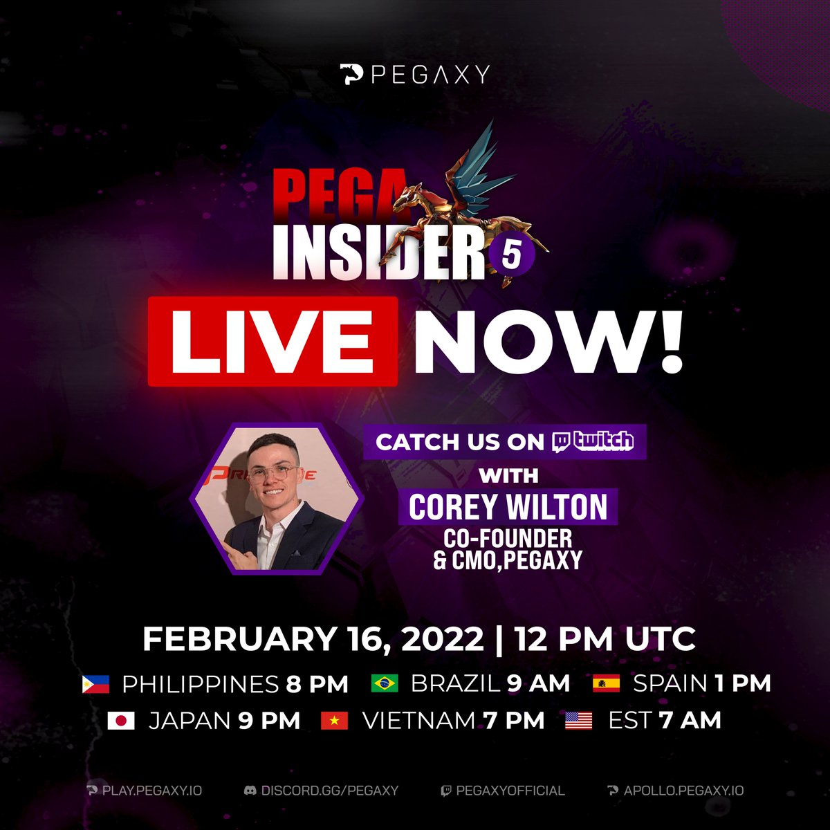 PegaxyOfficial's tweet photo. Corey Wilton is live! 🔥 Pega Insider 5 is now streaming on Twitch!✅

📣 Join us: https://t.co/9MCkgCPe2g

See you, Pegaxians! 🐎 https://t.co/egZCtNm3C7