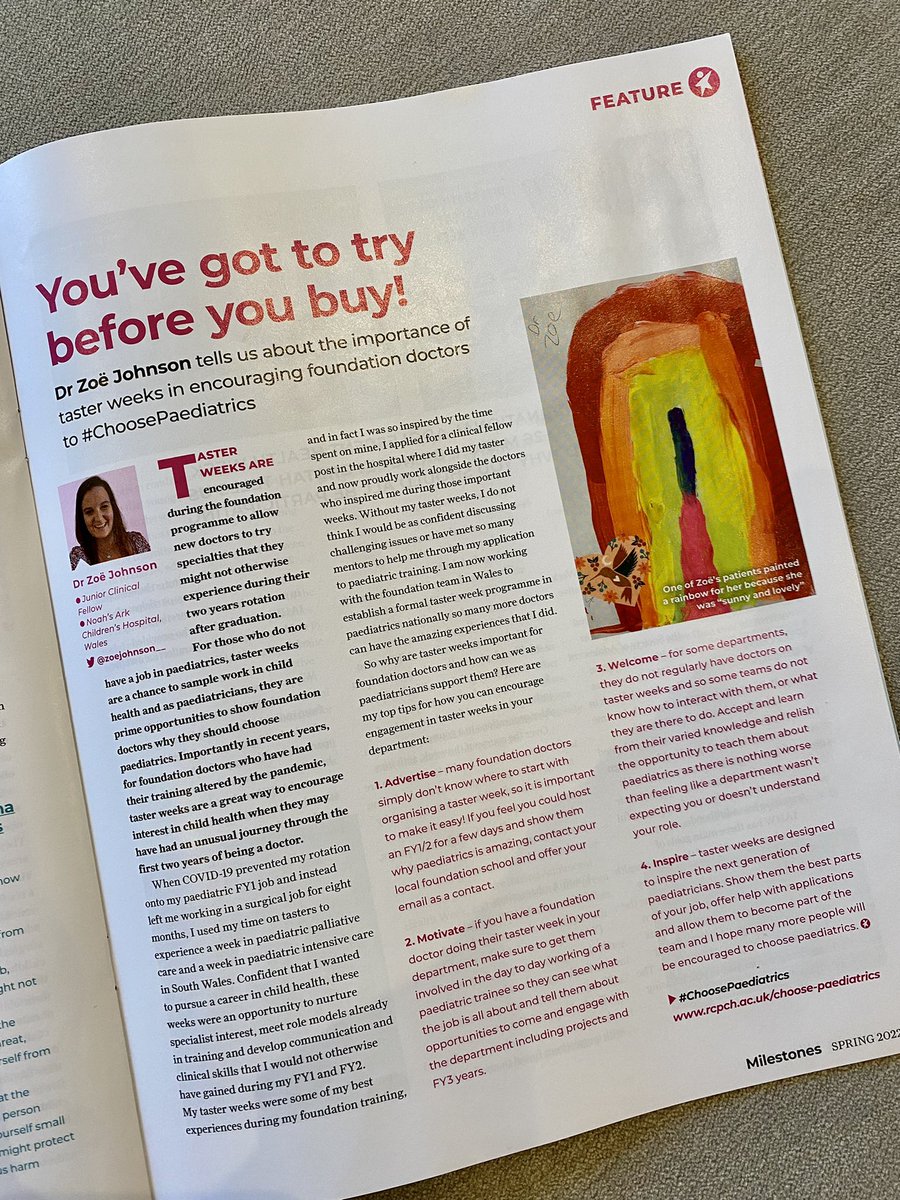 Really excited and proud to see my article published in the @RCPCHtweets Milestones magazine giving my passionate spiel about taster weeks in helping people to #choosepaediatrics 🥰 #RCPCHMilestones