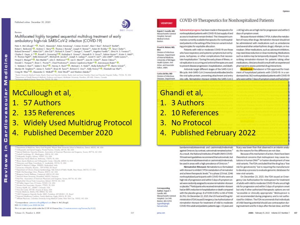 P_McCulloughMD's tweet photo. I told Tucker Carlson and Joe Rogan Harvard had no outpatient protocol.  Look at this comparison! "McCullough Protocol" published in Dec 2020 vs this paper from Harvard out this week.  Night and day!  Medical historians will record how JAMA and other journals failed the world. https://t.co/3G3ZsOxe15