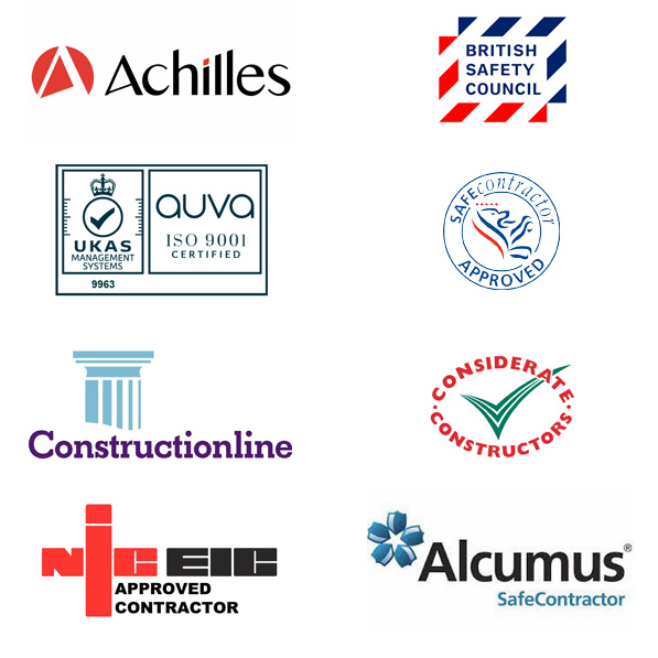 Our accreditations with trade organisations and bodies ensure we are knowledgeable and compliant with the latest industry standards.<a href="/AchillesLtd/">Achilles Information - Global Risk Management</a>  <a href="/BritSafe/">BritishSafetyCouncil</a>  <a href="/UKAS/">UKAS</a>  <a href="/CCScheme/">Considerate Constructors Scheme</a>  <a href="/constructline/">Constructionline</a>  <a href="/officialNICEIC/">NICEIC</a>  <a href="/alcumusgroup/">Alcumus</a>