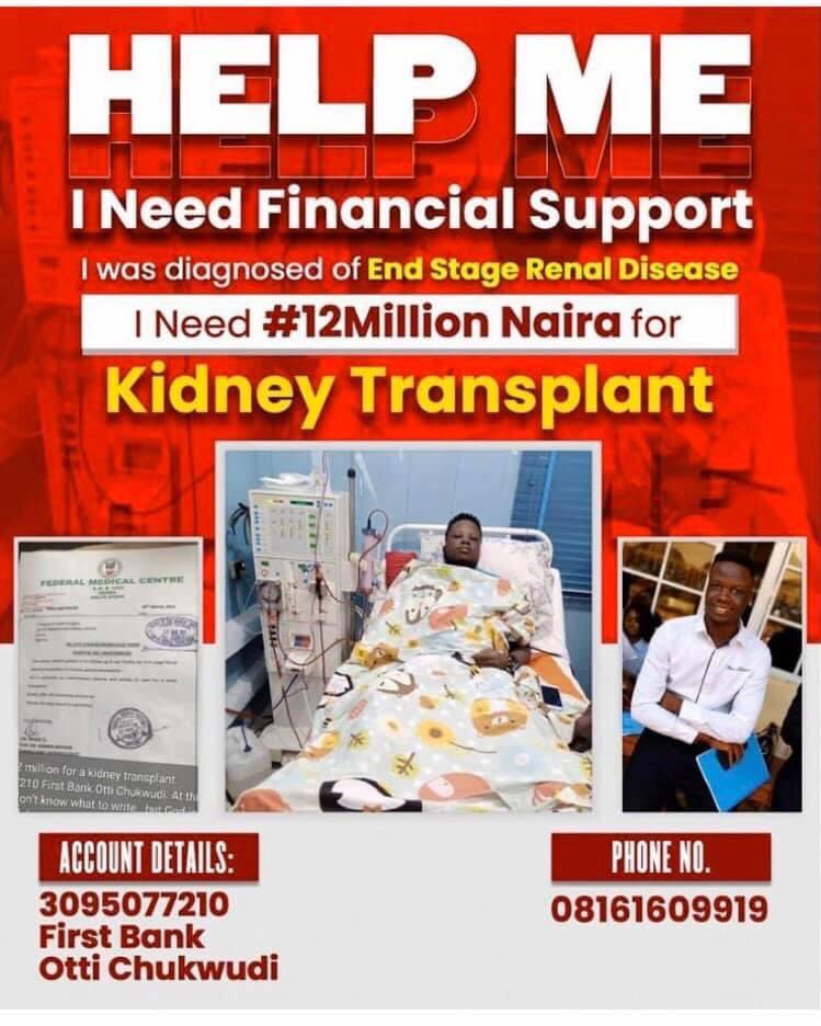 OttiChukwudi's tweet photo. Please I’m currently spending 80k on dialysis weekly. I’ve been in hospital since January 2021. Please I need financial help for my kidney transplant 3095077210. Otti Chukwudi. First Bank @akinalabi @toyinomotoso @aproko_doctor @DONJAZZY https://t.co/Gz1shg7GI1