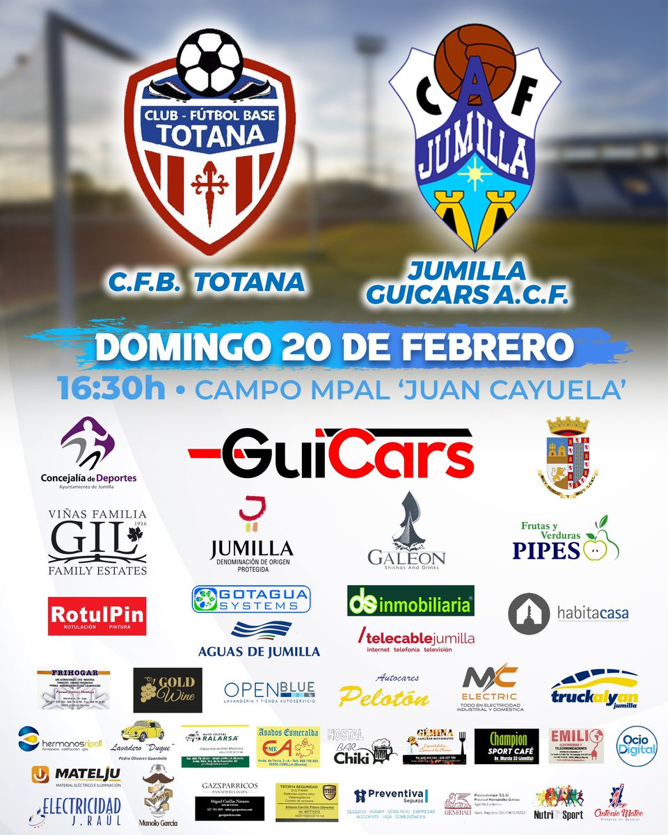 JumillaACF's tweet photo. ✅⏰ ¡Horario confirmado para la jornada 21 que nos enfrentará al Club de Fútbol Base Totana!

📅 Domingo 20 de febrero
⏰ 16:30h
📍 Campo Municipal ‘Juan Cayuela’
🆚 C.F.B. Totana
📋 Jornada 21

💪 ¡Semana intensa de trabajo para nuestros chicos!

#JumillaGuicars https://t.co/Bq3POElWwz
