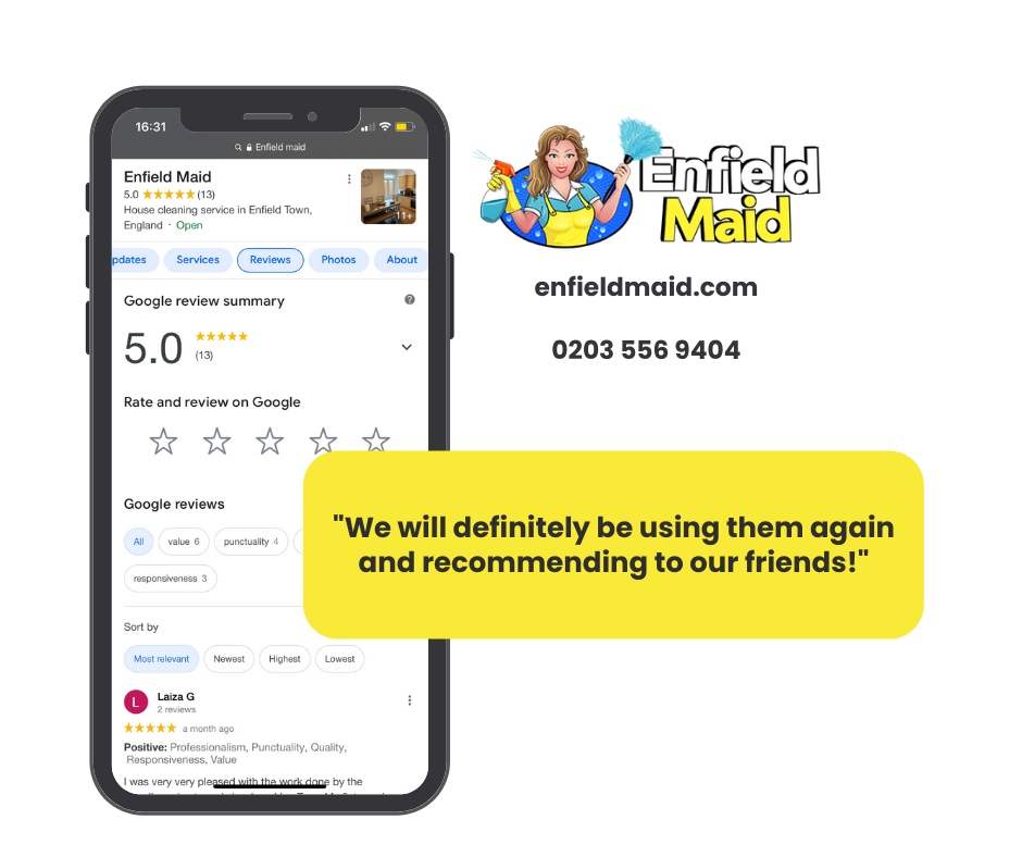 EnfieldMaid's tweet photo. Here are some kind words from people who have used our services before! ❤

If you'd like to book a clean:

Call 0203 556 9404 
Or
Book Online At https://t.co/rhMr9faxGk

 #Cleaningspaces #spotless #cleaningservice #cleaners https://t.co/A9bW9lXqHm