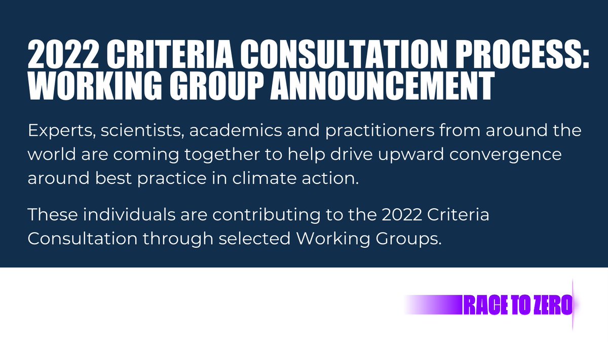 topnigel's tweet photo. 📣 Delighted to announce the members who will form 2022 #RaceToZero Criteria Consultation Working Groups, helping drive upward convergence toward best practice in #ClimateAction. 

We look forward to the discussions over the next 2 months!

Find out more: https://t.co/AZv27JU44b https://t.co/iyFDQBKOVS
