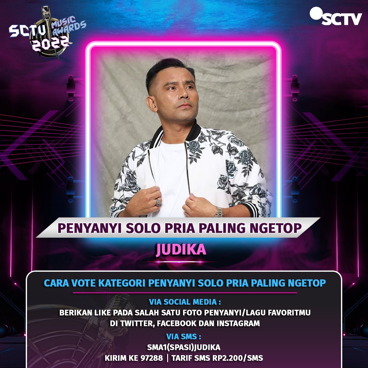 SCTV's tweet photo. Pria bersuara khas ini juga masuk dalam Kategori Penyanyi Solo Pria Paling Ngetop #SMA2022.

Yuk dukung Judika dengan cara like poster ini ya!

Periode vote: 16 Februari - 15 Maret 2022, pkl 23.59 WIB. 

#VoteSMA2022#SMA2022Judika#SCTVSpesial https://t.co/67jNUGFcDW