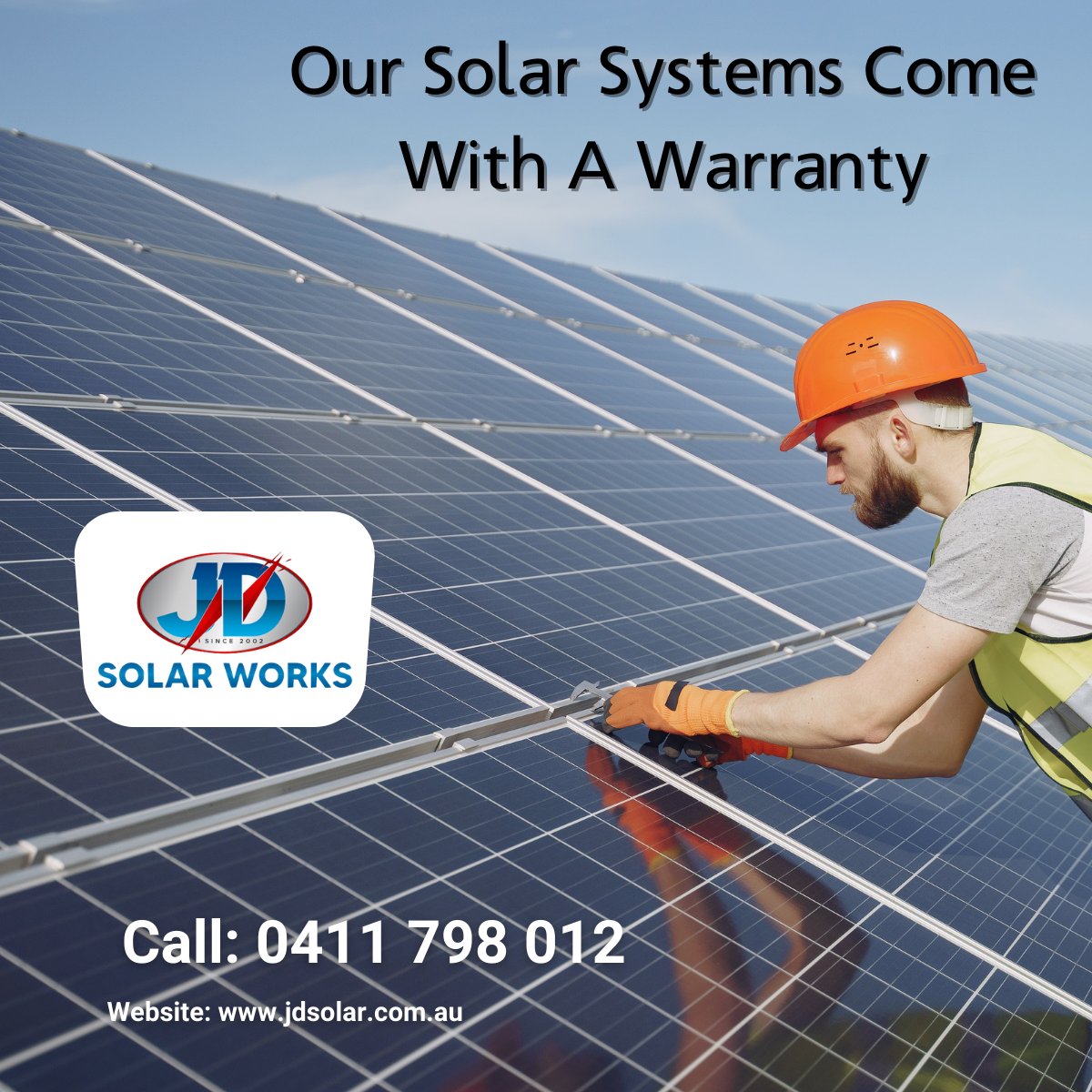 The majority of solar systems are covered by a warranty. JD Solar Works offers the best warranty in the market! 
Get in contact with us right away to learn more!
Call :+ 0411 798 012 jdsolar.com.au 
#jdsolarworks #jdsolar #jdelectrical
#solarinstallation #solarinstaller
