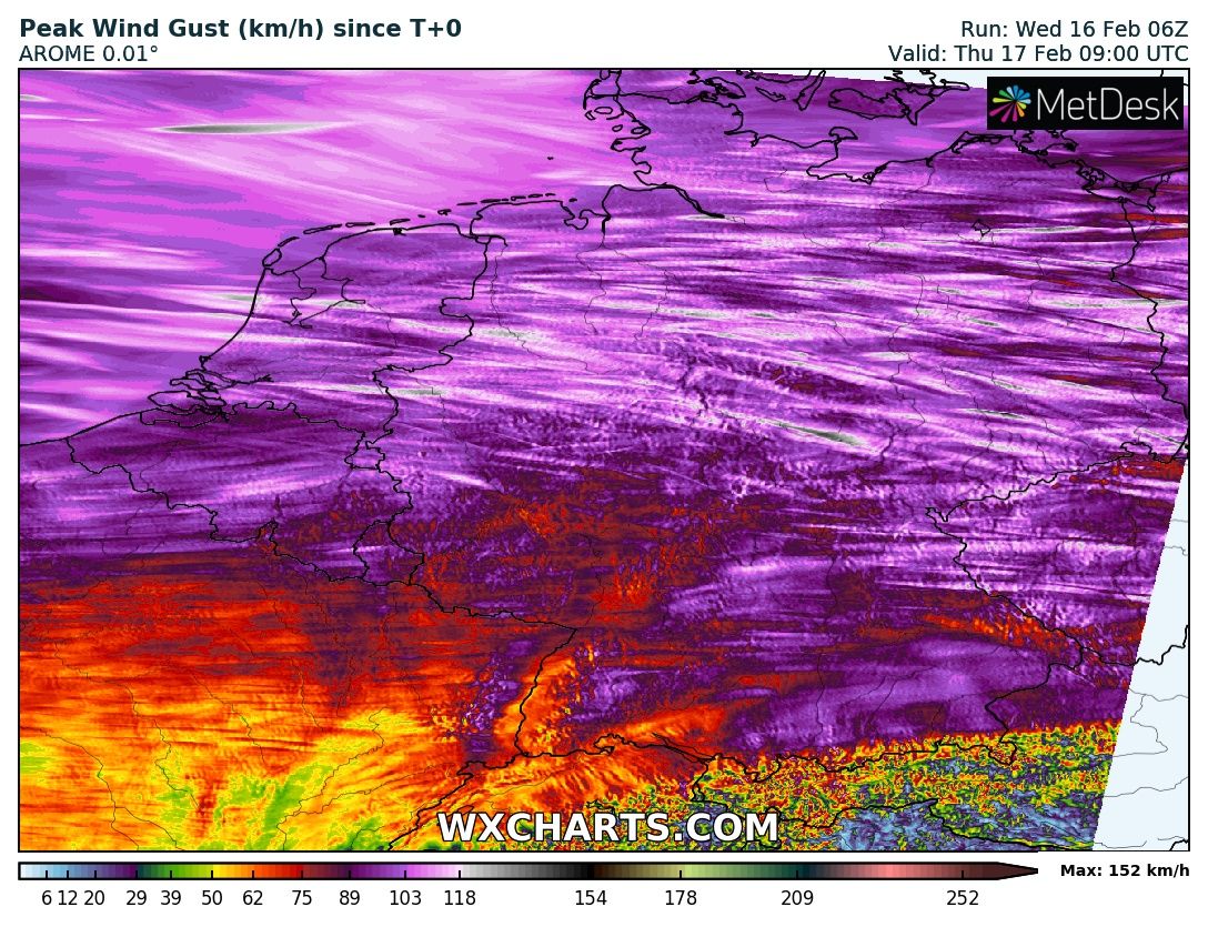 ⛈️ Kans op forse buien vanavond en vannacht! In een uiterst dynamische atmosfeer (windschering 70-100kn) zijn zeer zware #windstoten mogelijk: in NL kan bij een intense bui 120 km/uur bereikt worden, in Duitsland lokaal zelfs &gt;150 km/uur. Estofex heeft level 2 &amp; 3 afgegeven...