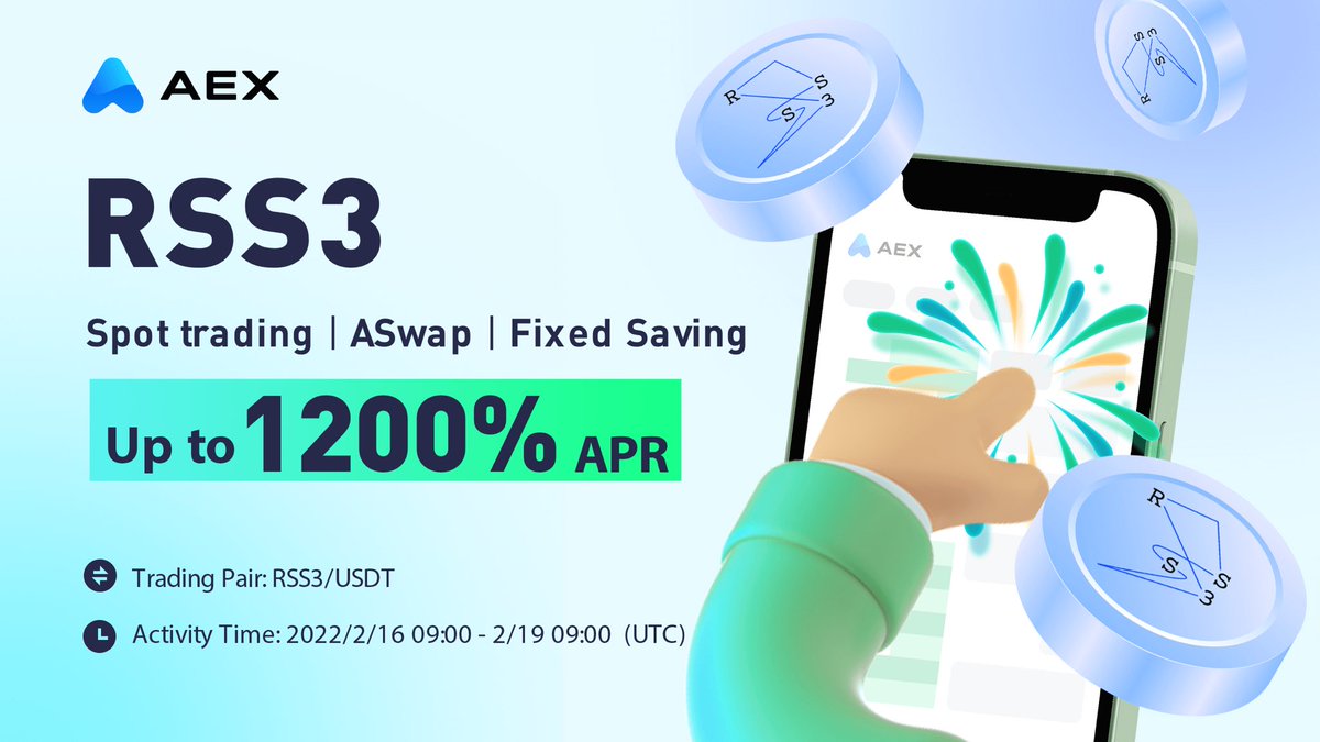 AEX Lists #RSS3 /USDT <a href="/rss3_/">RSS3 🟦</a> 
🎁Spot Trading | RSS3-USDT pool | Fixed Savings
🎁Up to 1200% APR!

👉Details:  aex.com/announcement/e…

😉100 RSS3 for 5 AEX users
1️⃣Retweet this tweet+Follow @aexplus 
2️⃣TAG 2+ Leave your AEX UID

🤔Register to get $17.5:bit.ly/3gfwBjv