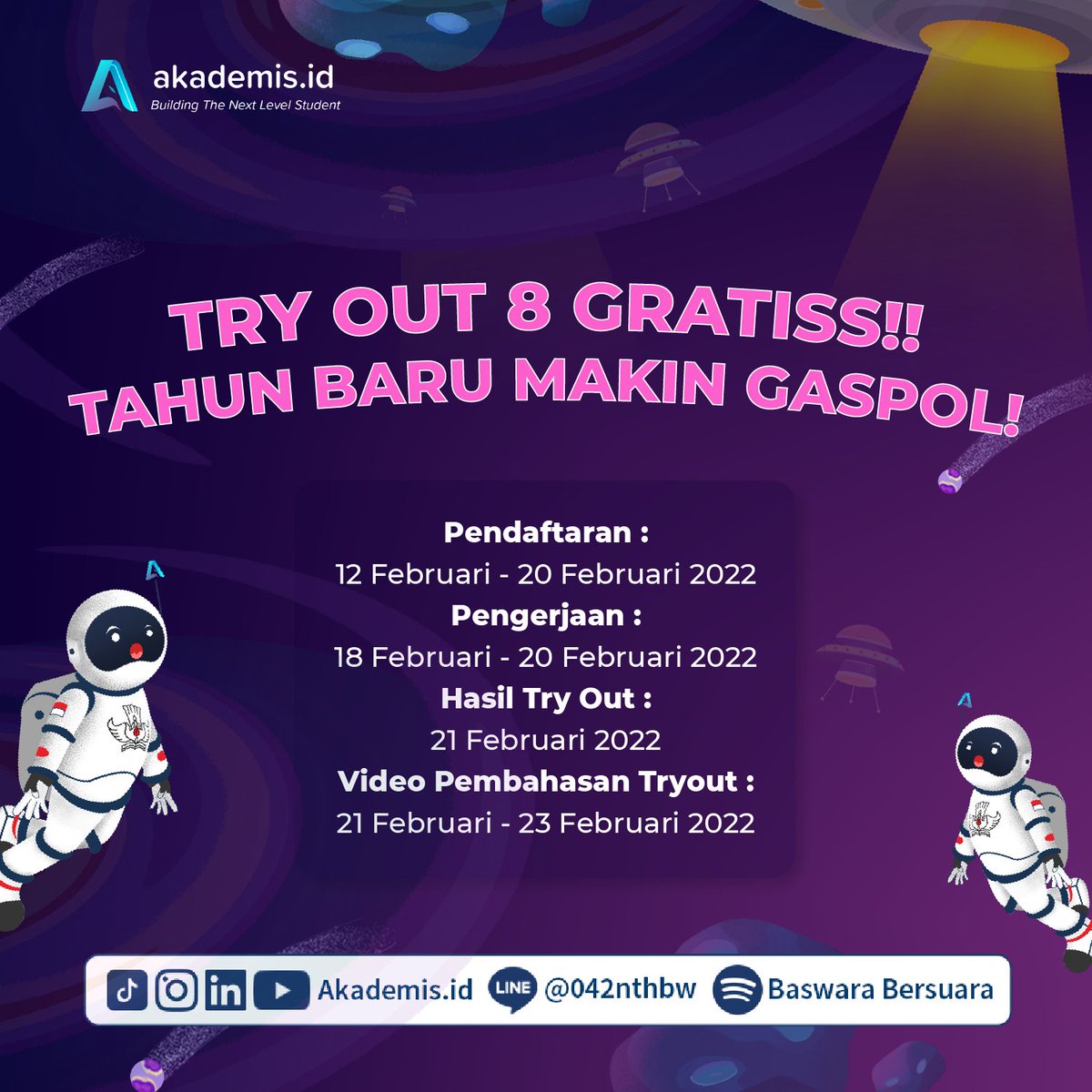 akademis_id's tweet photo. ✨TRY OUT 8 AKADEMIS GRATIS✨

SBMPTN semakin dekat guys! yuk buruan ikut TO 8 akademis! gratis lagi, so tunggu apalagi? buruan daftar🤩👌🙌 https://t.co/DeldibCZsf