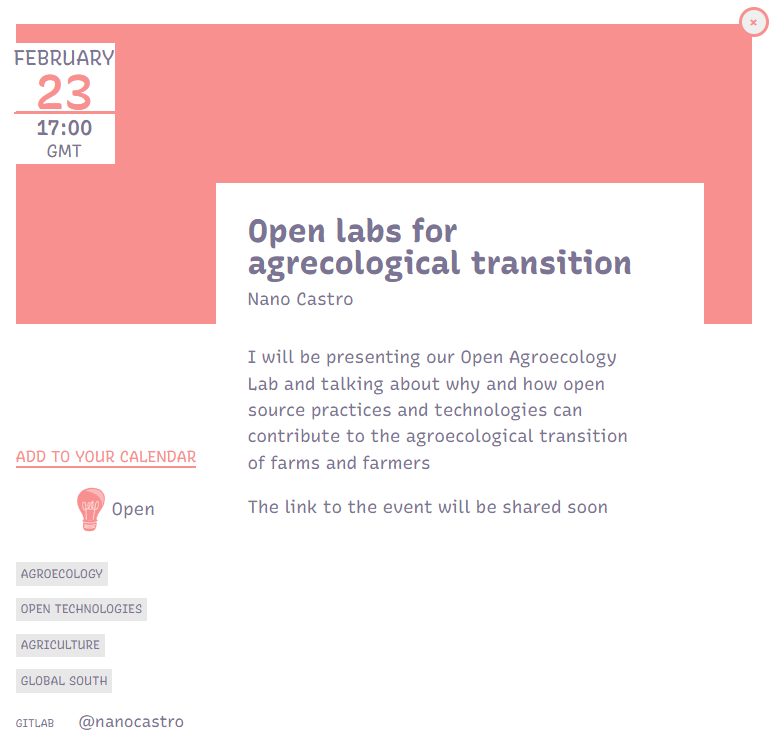 ShuttleworthFdn's tweet photo. Nano Castro and the Open Agroecology Lab are using open source methods + tools to design more sustainable agriculture and food systems. Hear about this amazing work next week at #FlashForwardFest!
🗓️Feb 23 17:00 UST
➡️https://t.co/p7J0Xz98yp
⚡️Nominated by @jenny_molloy https://t.co/rDqqnSejml