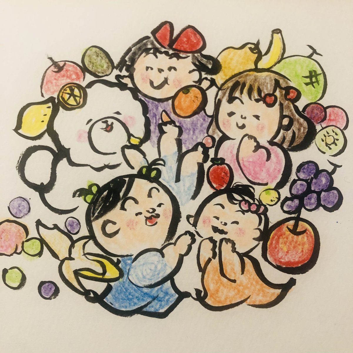 私も描いたよ〜
インスタのおともだちと果物パーティー💓
#Twitter展覧会　#イラスト　#お絵描き好きさんと繋がりたい  #筆ペン　#アナログ