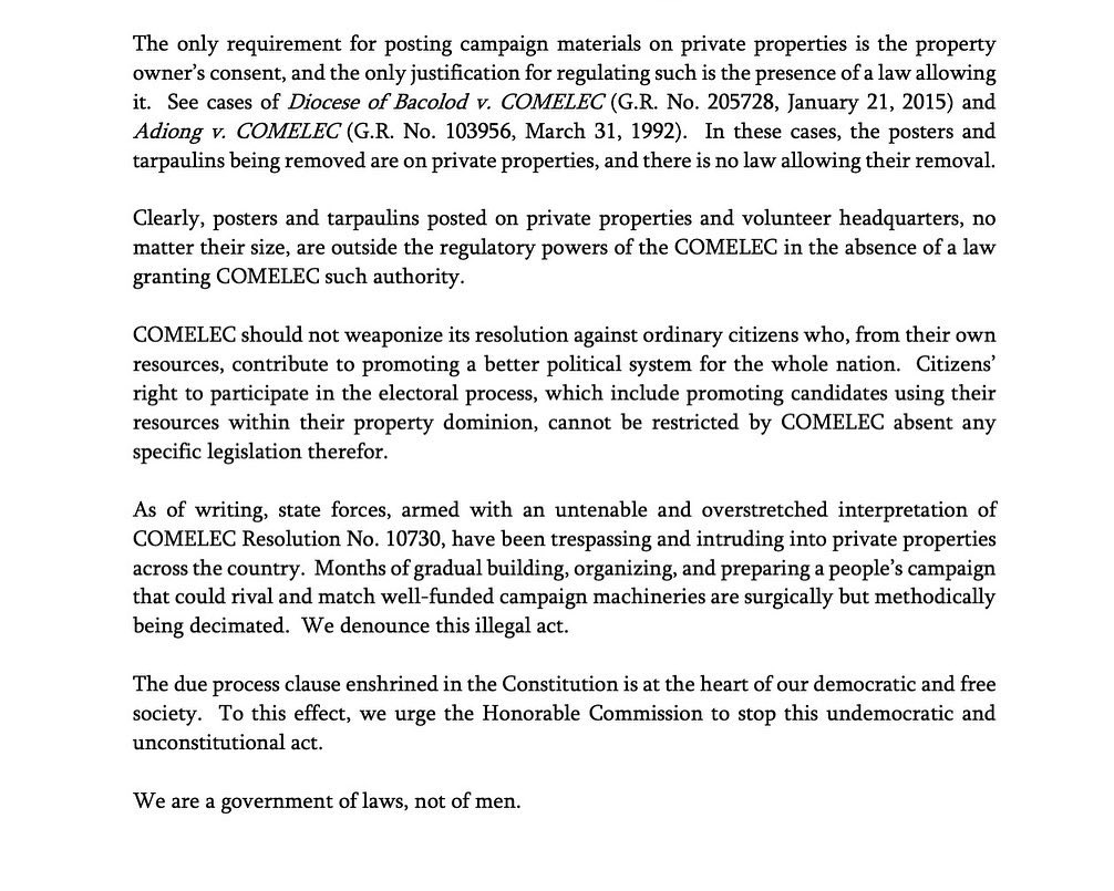 WL4Leni's tweet photo. WomenLawyers4Leni, together with several groups, join together to urge the COMELEC to stop implementing its  "Operation Baklas" which, the statement says, violates the rights of ordinary citizens. 

#NoToElectionHarassment 
#NoToImpunity 
#WomenLawyers4Leni  #WL4L https://t.co/lH8LiF8WEx