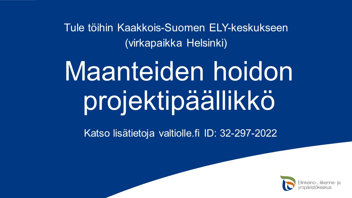 Tule meille töihin! Etsimme Kaakkois-Suomen ELY-keskukseen maanteiden #kunnossapito ammattilaista #projektipäällikkö tehtäviin. Virkapaikkakuntana on Helsinki. Haku päättyy 14.3.2022 klo 16.15. valtiolle.fi/fi-FI/ilmoitus… #rekry #rekrytointi #työpaikat #liikenne #infrastruktuuri