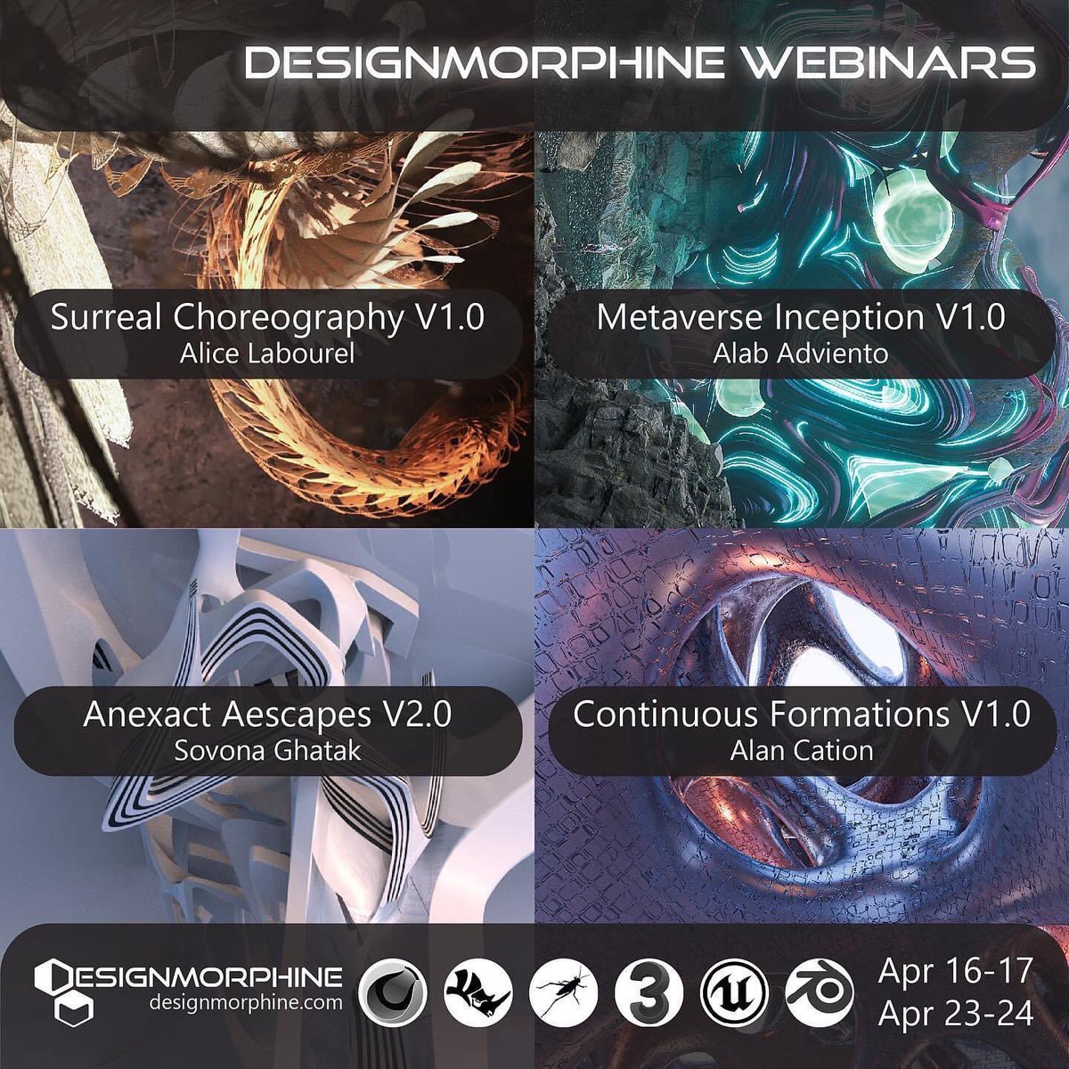 Hey guys!

Sharing with you my first webinar among 4 of the new <a href="/Design_Morphine/">DesignMorphine</a> webinars where I’ll be teaching my workflow on #3dsMax #Tyflow #UnrealEngine and #Quixel this April! 

See you there!🔥

#Metaverse #3DVisualization #design #gamedevelopment #cryptoartwork