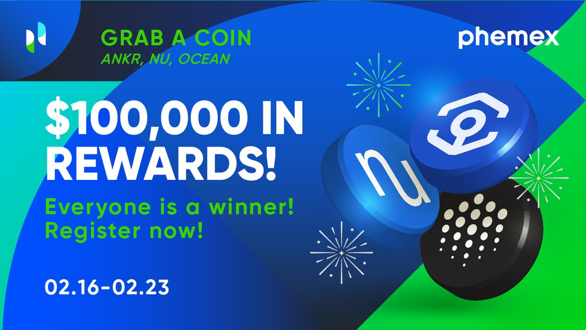To celebrate our new listing, we’re hosting another new Grab a Coin 🤑 so you can win big by spot trading ANKR, NU, and OCEAN 🤩 Join here▶️ bit.ly/3sEJGrQ #GrabACoin #phemex #ANKR #NU #OCEAN #new #listing #giveaway
