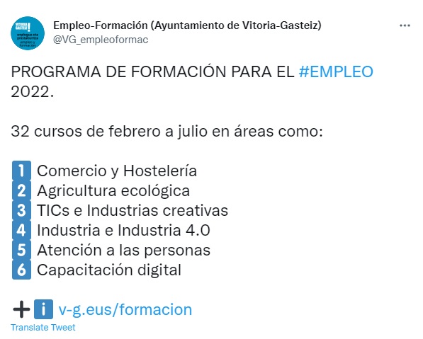 📢📢 Vitoria-Gasteizko udalak enplegurako FORMAKUNTZA 📚 eskaintza zabala eskaintzen dizu! Kontsultatu bere webgunean ➡️ v-g.eus/formacion

📢📢 El ayuntamiento de Vitoria-Gasteiz tiene una gran oferta de FORMACIÓN para el empleo!