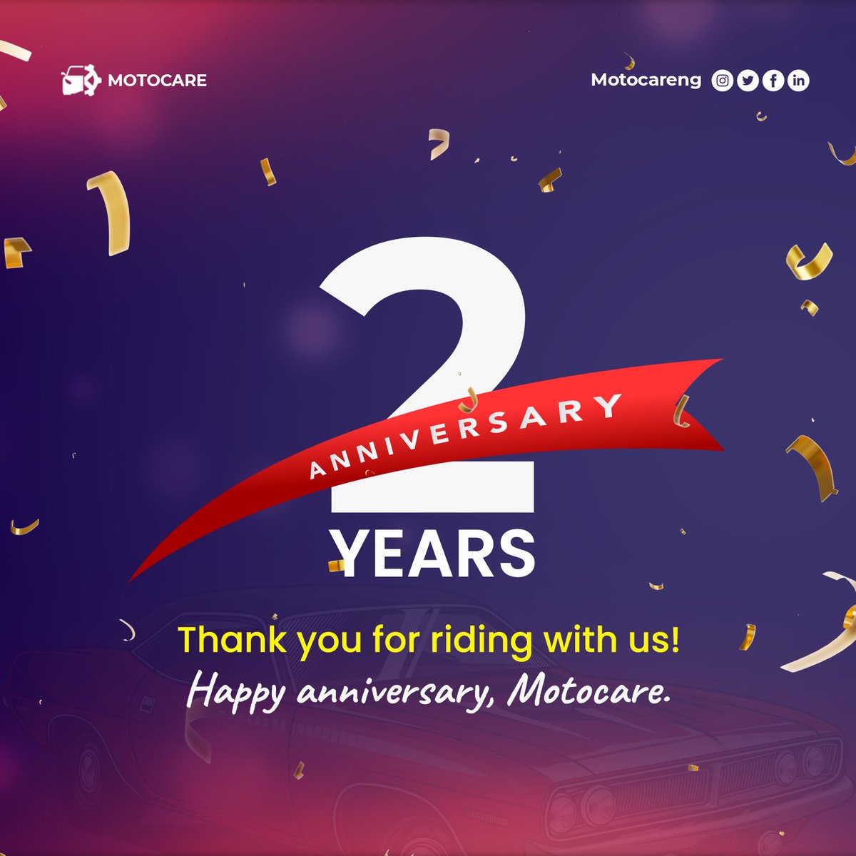 motocareng's tweet photo. To all our esteemed customers, we want to say a very big THANK YOU for riding and sticking with us through this amazing 2 years.

Here's a toast to greater business relationships and satisfactory services.🥂

#Motocare #anniversary #Celebration #Happyday https://t.co/P84aJHwAmg