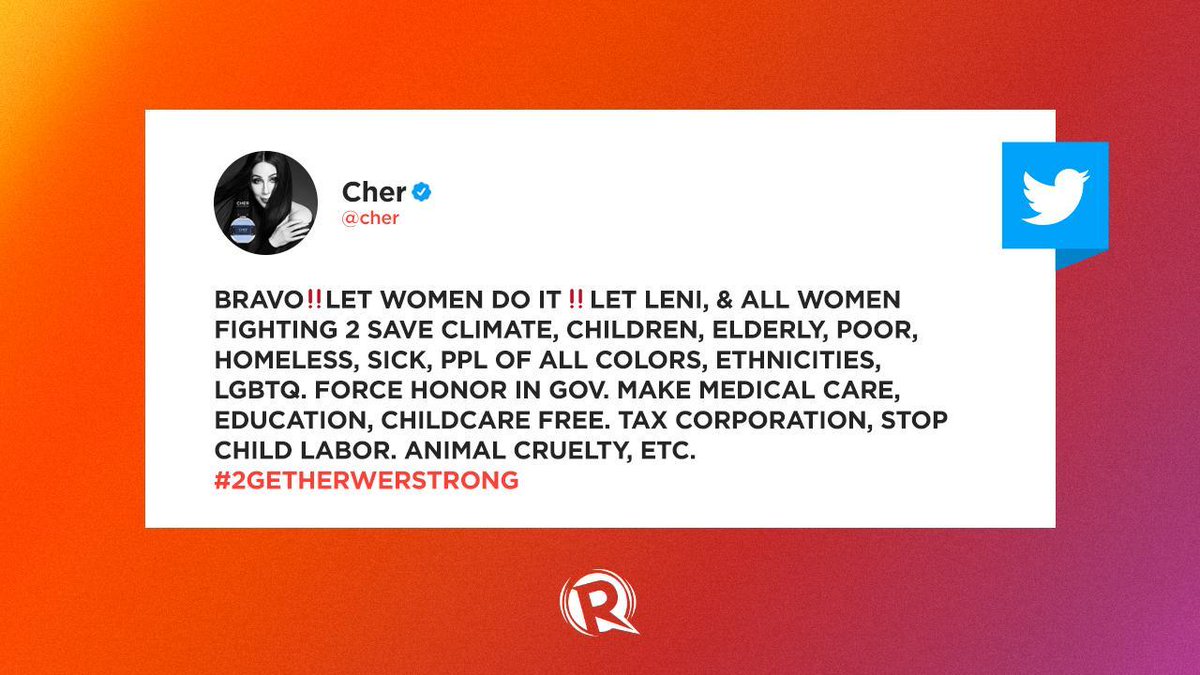 rapplerdotcom's tweet photo. IT’S GIVING… IT’S GIVING CHER

Pop icon Cher might not know Vice President Leni Robredo in person, but she’s all for empowered women fighting for justice!

https://t.co/Jtza18kV8h https://t.co/nfUeSTLBwJ
