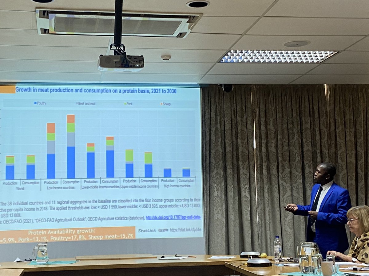 ATFNamibia's tweet photo. Mr. Ace Mutelo from Meat Board presents global agricultural outlook and laments that due to high demand of beef, prices will continue on a high trajectory throughout 2023 &amp; 2024.  Chicken meat consumption per capita is expected to over take beef. 

#MeatBoard #LMC https://t.co/VWAV0LhVTp