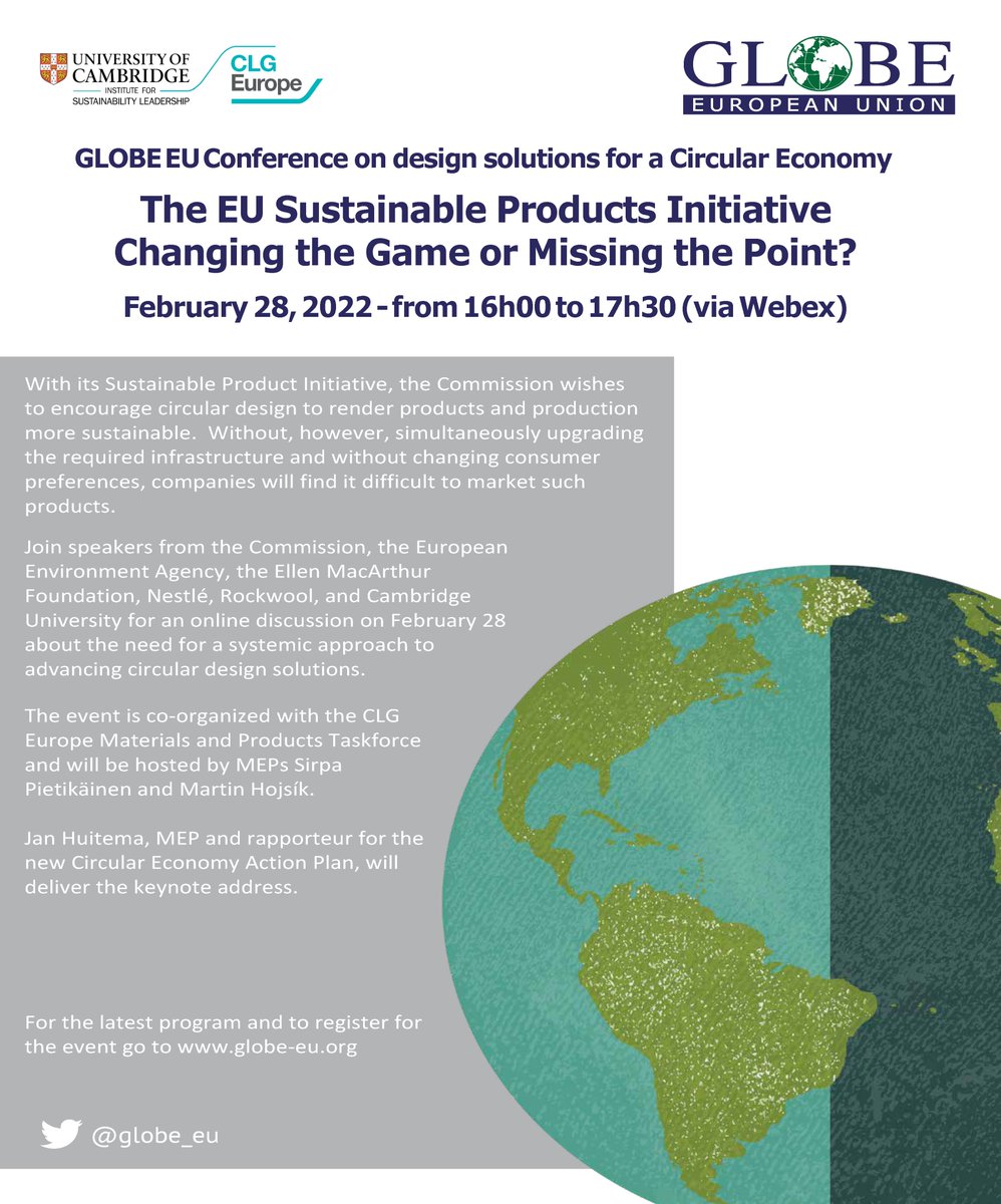 📣Join this event co-organised by #CLGEurope &amp; <a href="/GLOBE_EU/">GLOBE European Union</a> on 'the EU Sustainable Products Initiative: Changing the Game or Missing the Point' on 28 Feb!
✅Sign up to learn more about the need for a systemic approach to advancing #circular design solutions: bit.ly/3LDdGx6