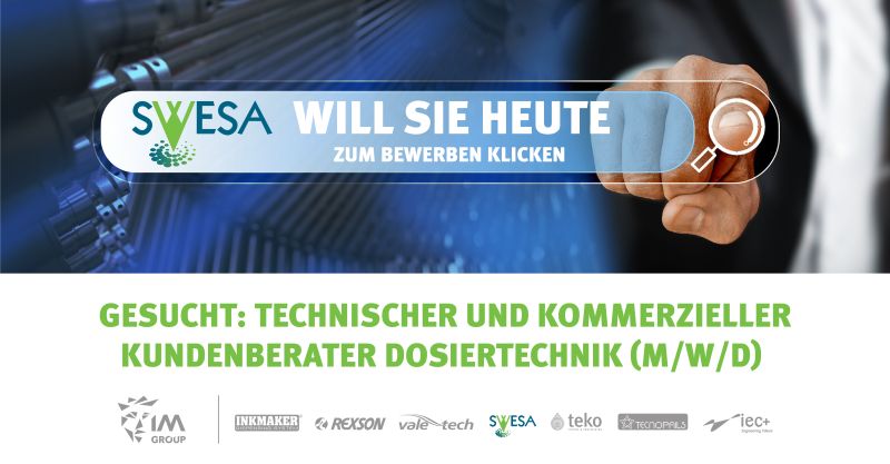 Do you speak perfect German and have good knowledge of English (spoken and written)?
If you do, SWESA (member of IM GROUP) is looking for a Technical and Commercial Dosing-Technology Customer Advisor (male/female/diverse).
Click below to apply.
swesa.de/careers.html