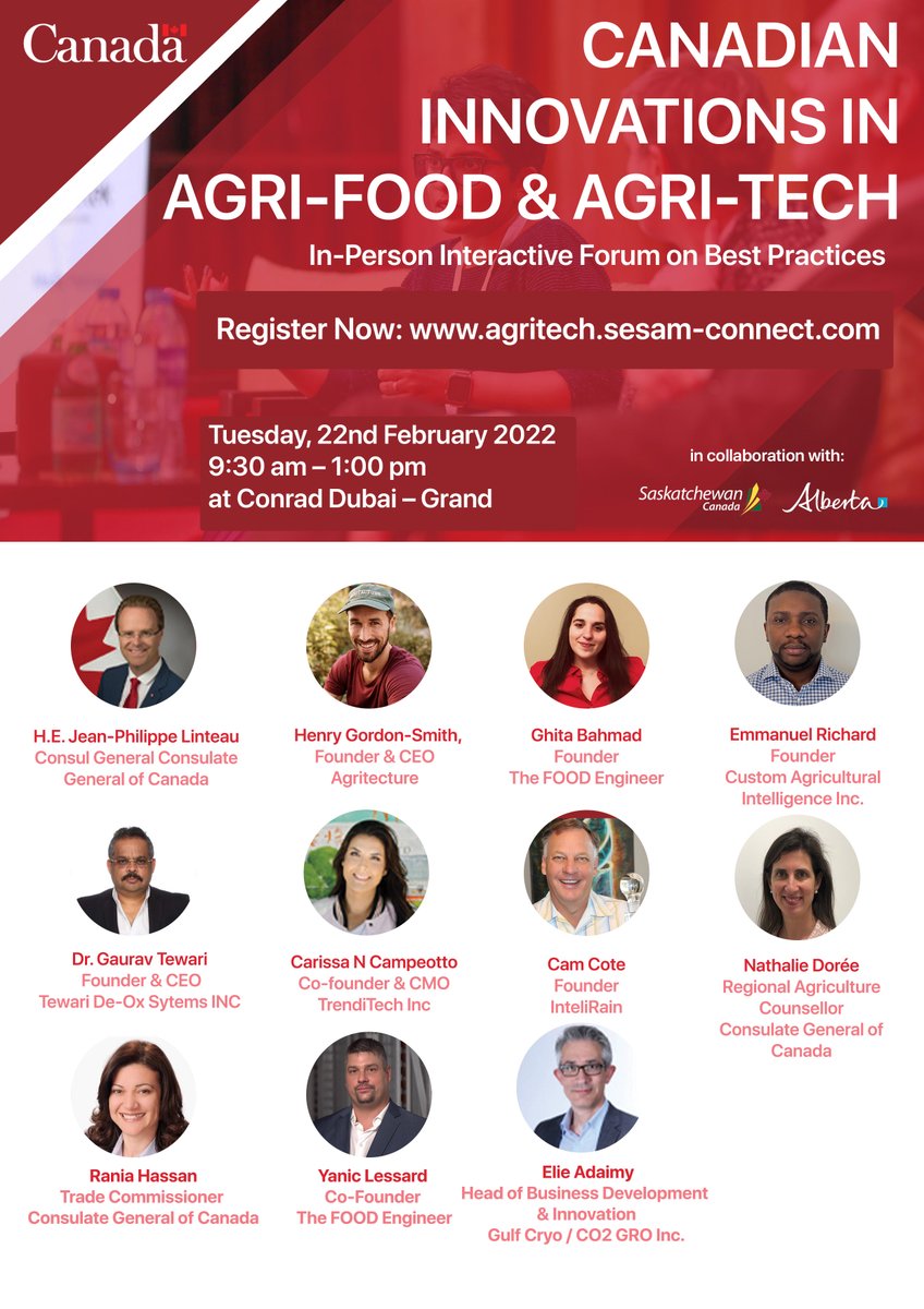 Connect with 🇨🇦 Ag-Tech companies with innovative solutions to address food security.
 
February 22, 9:30-13:00
Conrad Hotel, Dubai
Space is limited - Register here: lnkd.in/eXJRjFHk

#farming #farmingtechnology #indoorfarming #irrigation #irrigationsystem #foodwaste