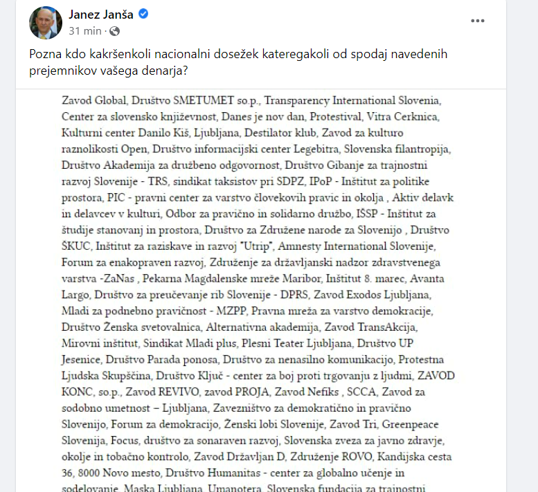 Dve stvari:
1. V spodnjem postu nas predsednik Vlade uvršča med prejemnike "vašega" denarja, ne zato, ker bi državna sredstva dejansko kadarkoli v času delovanja Inštituta 8. marec prejemali, temveč zgolj zato, ker smo podpisniki zahtev v okviru projekta Glas ljudstva. (1/5)