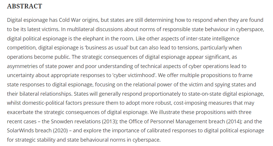 kclintelligence's tweet photo. #Openaccess article by our KISG members @josephdevanny and @tcstvns with @ciaranmartinoxf: 'On the strategic consequences of digital espionage'.

The authors 'offer multiple propositions to frame state response to digital espionage'.
#KCLintelligence 

🔗https://t.co/Bny1pNHrxx https://t.co/djermlgY6n