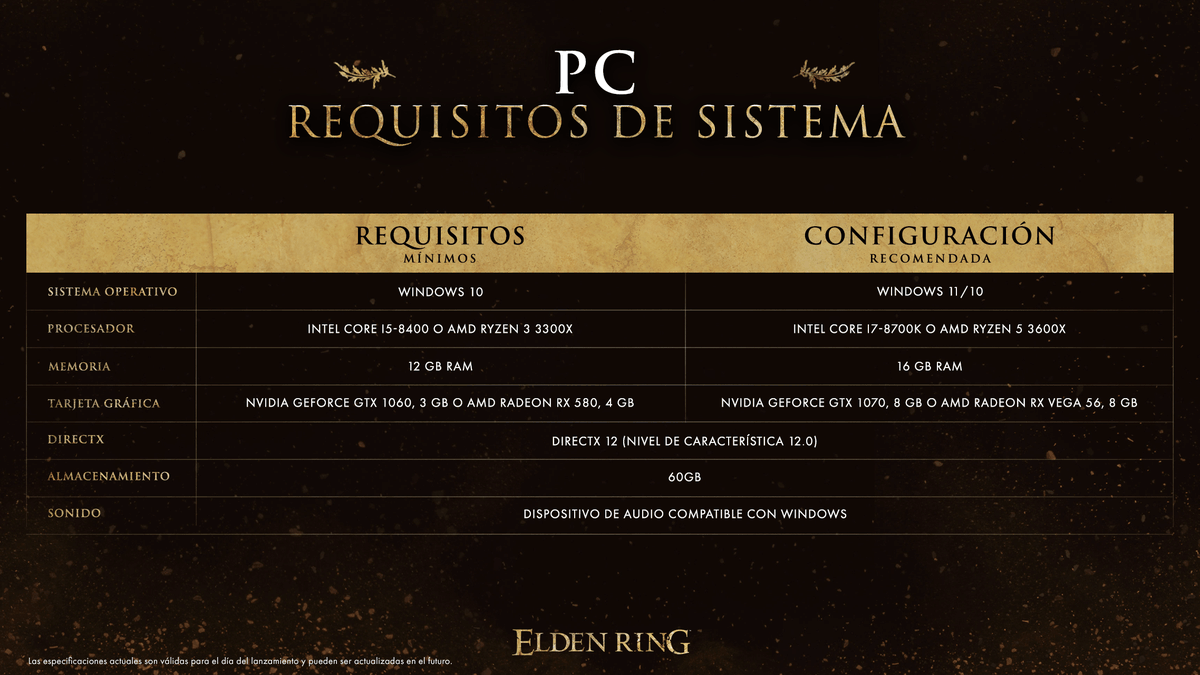 BandaiNamcoES's tweet photo. ¡Aquí tenéis los requisitos para PC de #ELDENRING! https://t.co/PkWECnKxmb