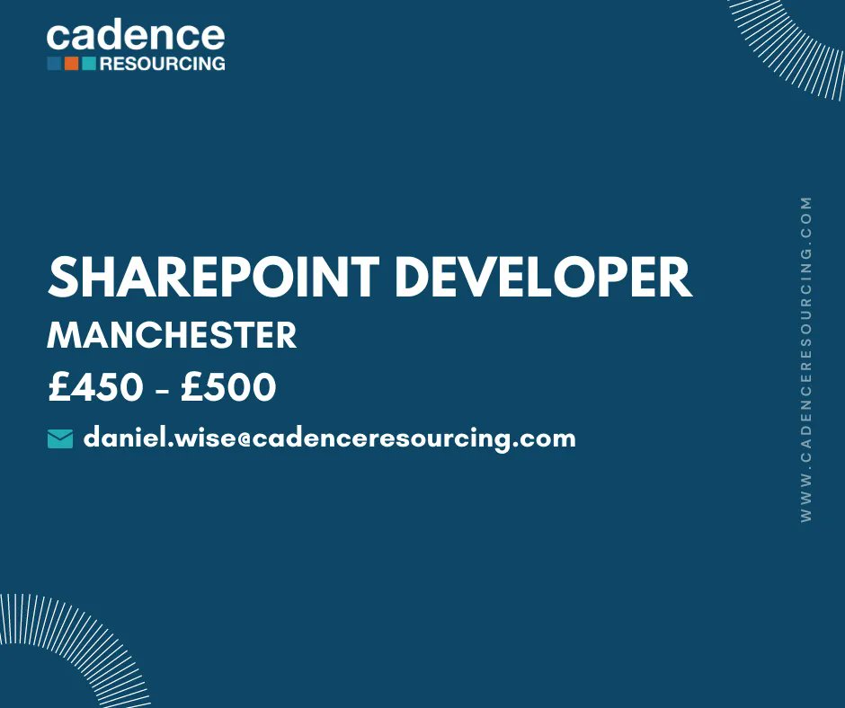 cadencejobs's tweet image. Are you a #SharePointDeveloper looking for your next contract?
Check out this job opportunity our consultant Daniel Wise has available. If you're interested find out more about the role: cadenceresourcing.com/job/sharepoint…
#SharePoint #SharePointDesigner #CSS #JavaScript #Jobs