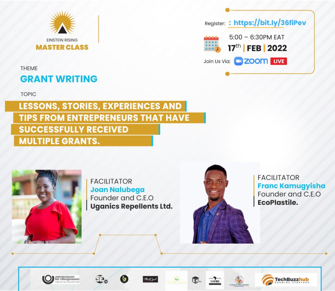 EinsteinRising's tweet photo. #Entrepreneurs learning from Entrepreneurs📌. Join us tomorrow at 5PM EAT for an illustrative MasterClass where two pronounced entrepreneurs will share their insights on how they’ve managed to successfully get #grants. Register to learn more 👉 https://t.co/CQu23KZukC

#business https://t.co/DZA0MwMmS8