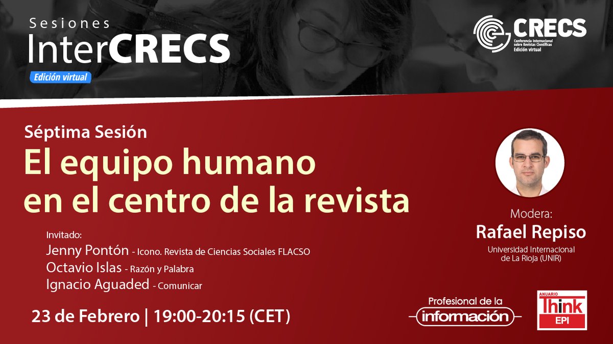 SCImagoEPI's tweet photo. Séptima sesión del #InterCrecs: El equipo humano en el centro de la revista. Invitados: @jennyponton @octavioislas e @aguaded Apúntalo en tu calendario y no te lo pierdas.
▶️ https://t.co/2hu8YgxexX https://t.co/YLfYlhRi2A