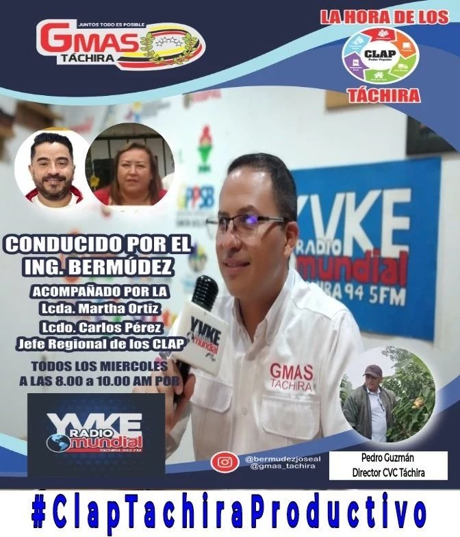 Buenos días Táchira hoy miércoles #16Fbr 8am empieza nuestro programa semanal *"La Hora de los Clap"* por la emisora <a href="/YvkeTachira/">Yvke Tachira</a> 94.5 FM. Como invitado el Sr Pedro Guzmán director <a href="/CorpoVenCafe/">Corporación Venezolana del Café (CVC)</a> 
¡Los esperamos!
*#ClapTachiraProductivo*
#SoyComunicadorClap