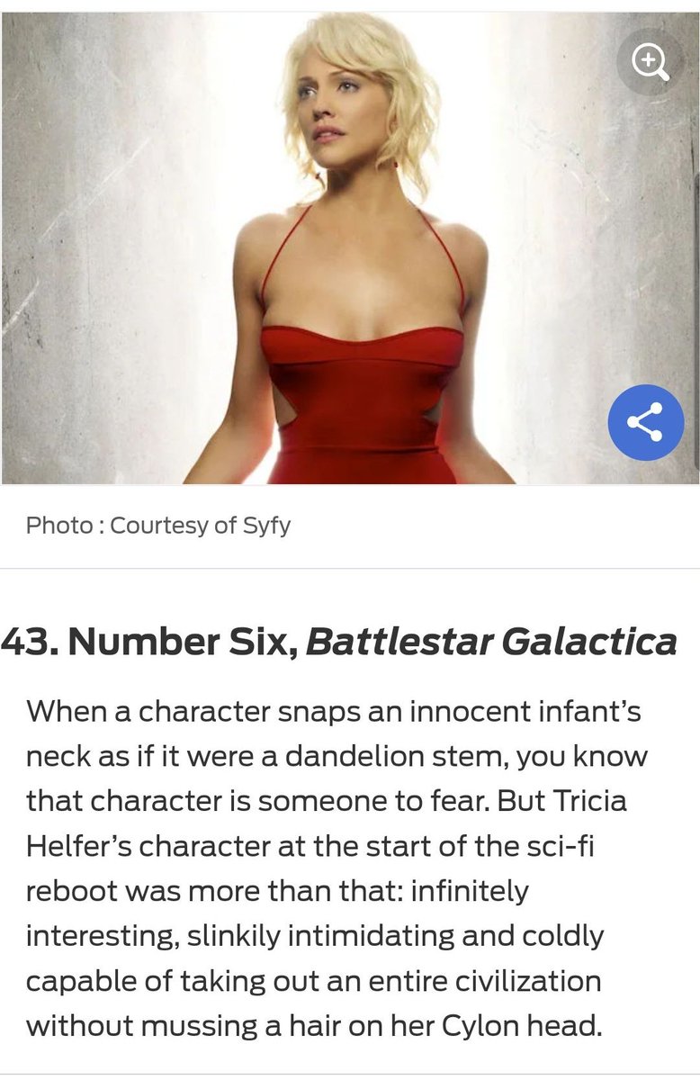 BSGmuseum's tweet photo. At No 43 of @TVLine's list of Best TV villains, we find -among many other fan-favorites- #BattlestarGalactica's Caprica Six! #BSG https://t.co/DnKzdmaeop