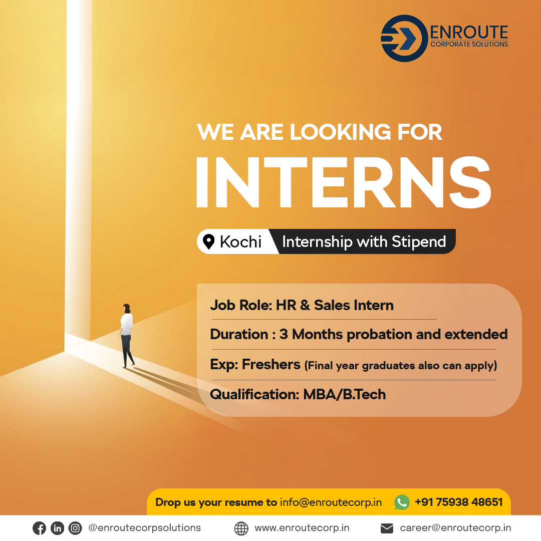 We are looking for the brightest new talent to join us as interns.

If you're hungry to learn and interested in HR or sales, send in your application now. 
#Internship with #Stipend 

Email: info@enroutecorp.in  
WhatsApp +91 7593848651

#hiring #intern #internship #hrinternship