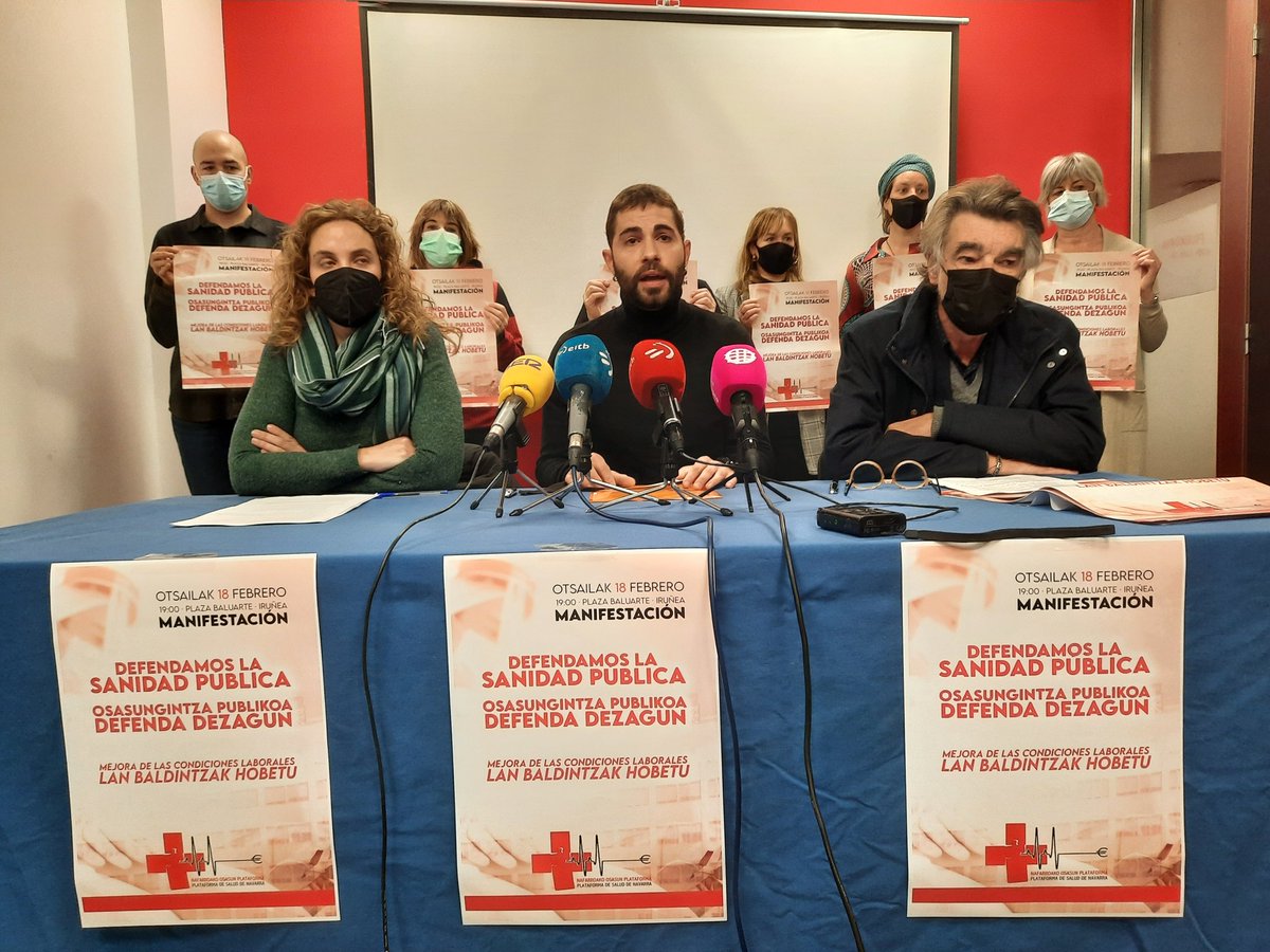 LAB, ELA, CCOO, ESK, Steilas, CGT, CNT eta Solidari sindikatuak prentsaurrekoa ematen ari dira Nafarroa Garaiko osasun sistemaren egoerari buruzko irakurketa partekatua plazaratzeko eta otsailaren 18rako Nafarroako Osasun Plataformak deitu duen manifestazioarekin bat egiteko.
