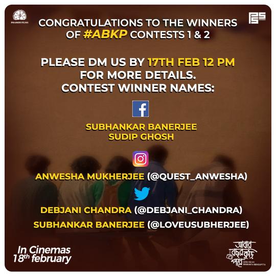 pssent's tweet photo. Heartfelt gratitude to everyone who participated. Here are the winners of #ABKP Contests 1 & 2.
Winners are requested to DM us on the respective platforms, by 17th February, 12 PM.
@shren05 #PSSEntertainments @pramodfilmsnew @WithShubho @soumya_withu @iamnemo13 https://t.co/2nixYks3ib