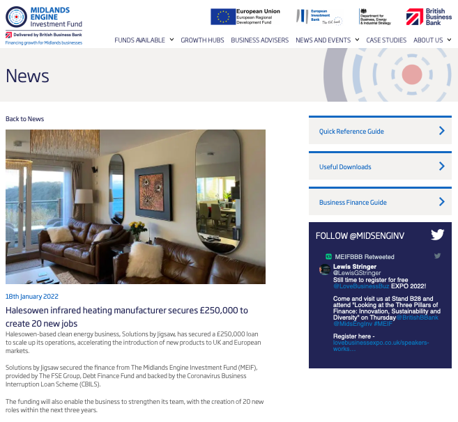 Infra-red heating manufacturer, based in Halesowen, @InfraredJigsaw has secured £250,000 from the #MEIF and <a href="/FinanceSE/">The FSE Group</a> to create 20 new jobs and  accelerate the introduction of new products into UK and European markets. 

Read more here: bit.ly/3peDIgD