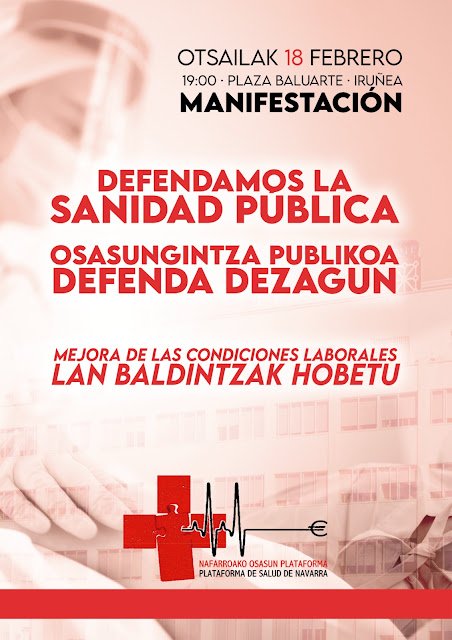 LAB, ELA, CCOO, ESK, Steilas, CGT, CNT y Solidari están ofreciendo una rueda de prensa para hacer pública una lectura compartida de la situación del sistema sanitario en Navarra y sumarse a la manifestación convocada por la Plataforma de Salud de Navarra para el 18 de febrero.