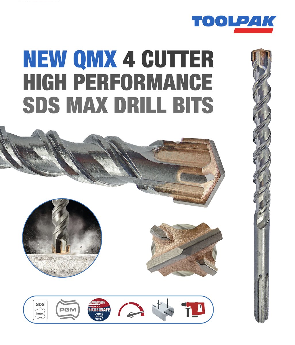 Toolpak's tweet image. High performance SDS max drill bits. Extremely robust &amp;amp; aggressive 4 cutter carbide bit head, ideal for the toughest jobs. Patented helix design for fast debris removal, optimised heat treatment for maximum strength. #Construction    bit.ly/3sCTz9u