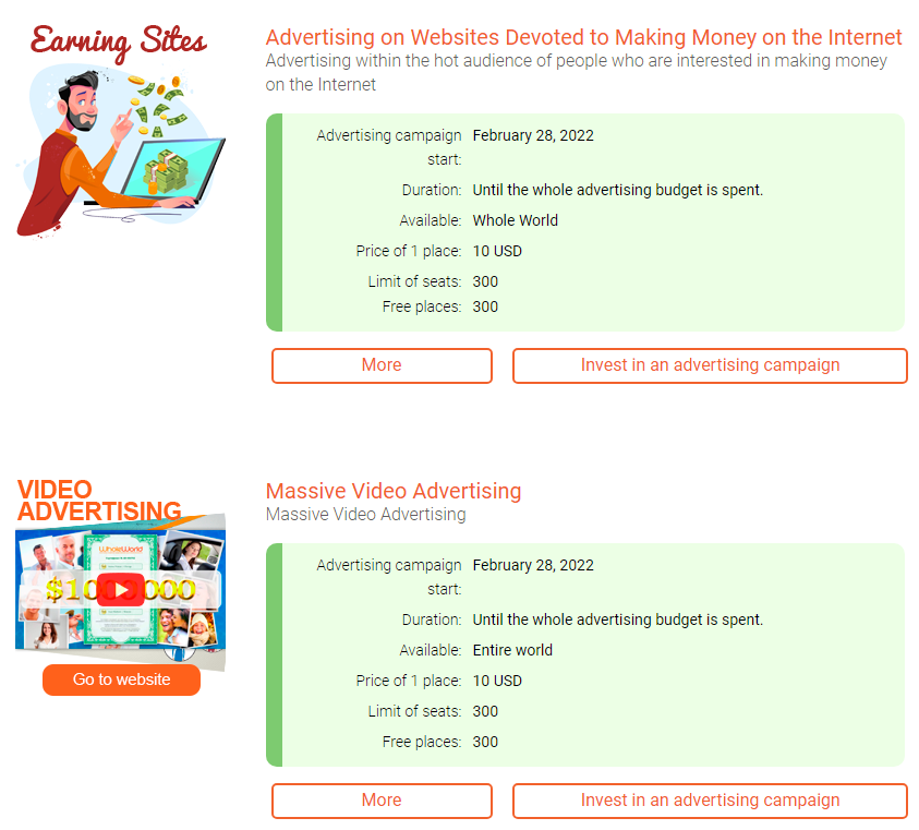 🚀 The next launch of Joint Advertising is being prepared, it will start on 28th of February - hurry up to take your places: wholeworld.biz/?page=joint_ad…

Two advertising campaigns are available simultaneously for investing. One place is priced at only 10 USD!