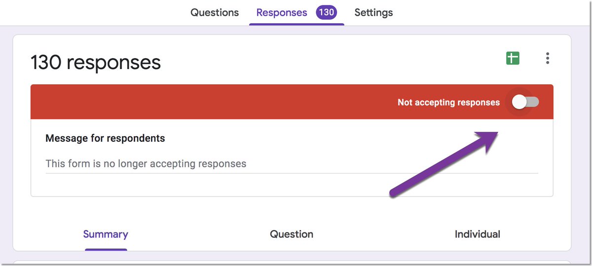 alicekeeler's tweet photo. Stop accepting responses in your Google Form. Go to the Responses tab and next to the spreadsheet icon toggle it off. #googleEDU #googleForms https://t.co/oE7iMBZHu5 https://t.co/pfOTLbllSF